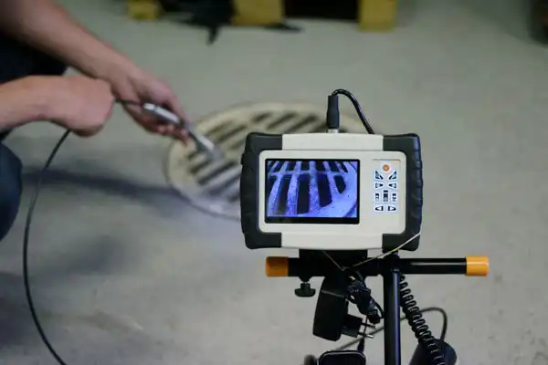 A person uses a camera inspection tool to view the inside of a drain, with the camera's monitor showing the image of the grate.