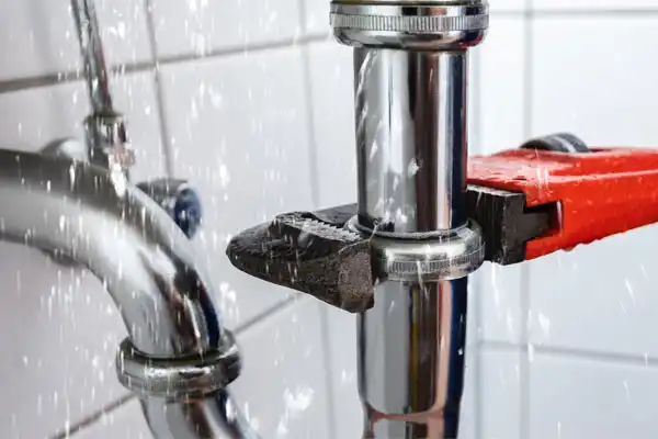 A pipe wrench is tightening a leaking metal pipe joint with water spraying out, next to a silver faucet over white tiled wall.