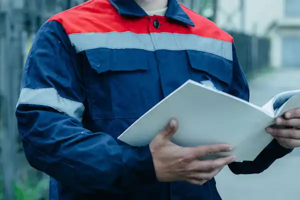 A person in a blue and red uniform holds an open folder outdoors.