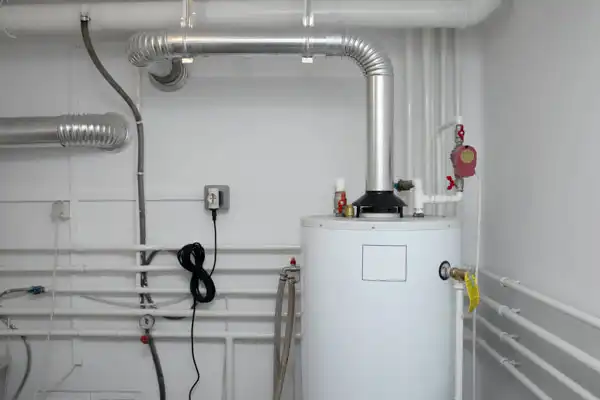 Image of a water heater with adjacent piping and ventilation in a utility room. White walls and various metallic pipes are visible.