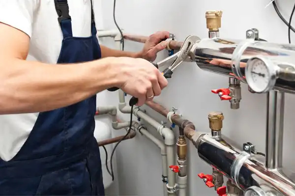 Person in overalls using a wrench to adjust plumbing pipes with valves and gauges.
