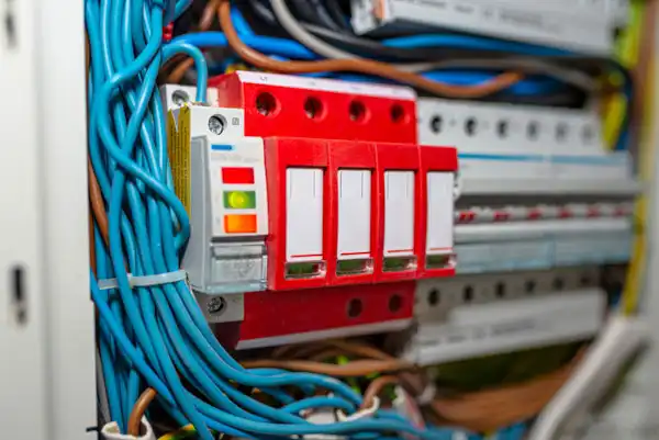 Close-up of a circuit breaker panel with red switches and blue electrical wires connected inside.