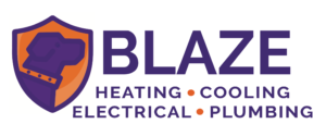 Logo with a purple dog silhouette in an orange shield, next to the word "BLAZE" and the services listed: heating, cooling, electrical, plumbing.