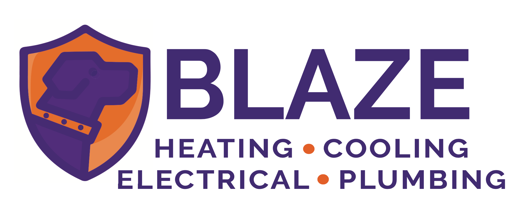 Logo with a purple dog silhouette in an orange shield, next to the word "BLAZE" and the services listed: heating, cooling, electrical, plumbing.