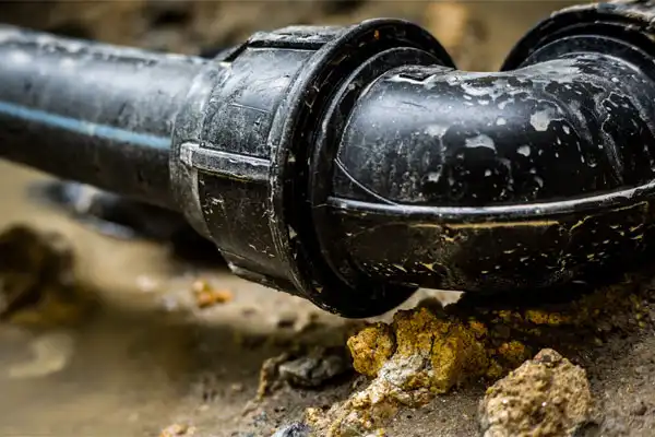 Black plastic pipe with a connector joint is partially buried in muddy soil, showing signs of dirt and wear.