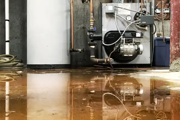 Basement with a water heater and boiler partially submerged in water, indicating flooding.