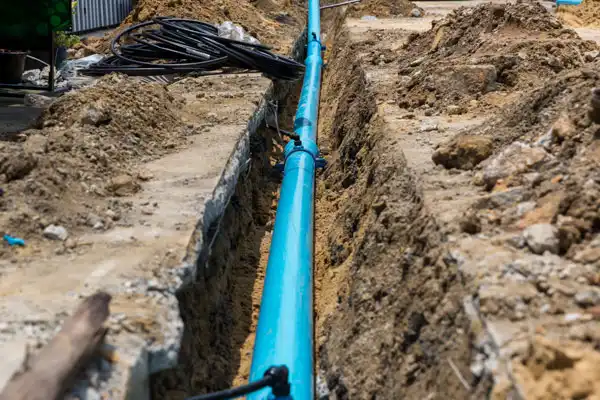Blue water pipe installed in an open trench at a construction site, surrounded by dirt and partially covered by soil.