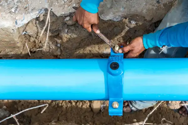 Person tightening a bolt on a large blue pipe in the ground using a wrench.