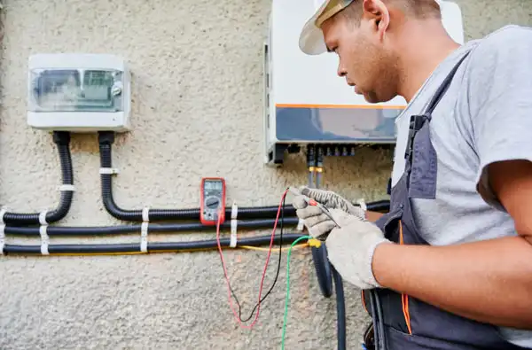 Electrician in uniform and gloves tests wires with a multimeter outside a beige textured wall. Electrical boxes are mounted on the wall.